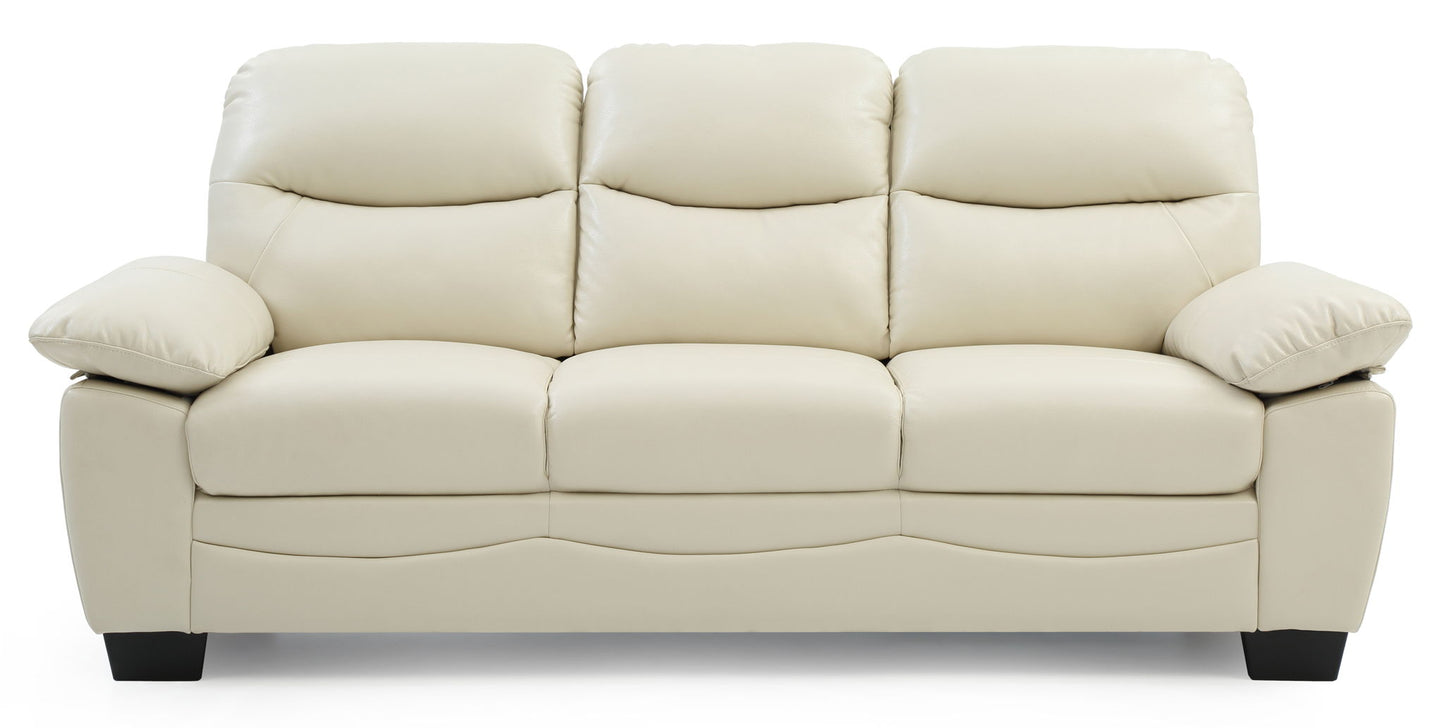 The Marta - Sofa is a beige three-seater with plush leather cushions, wide armrests, and short dark wooden legs, displayed on a white background.