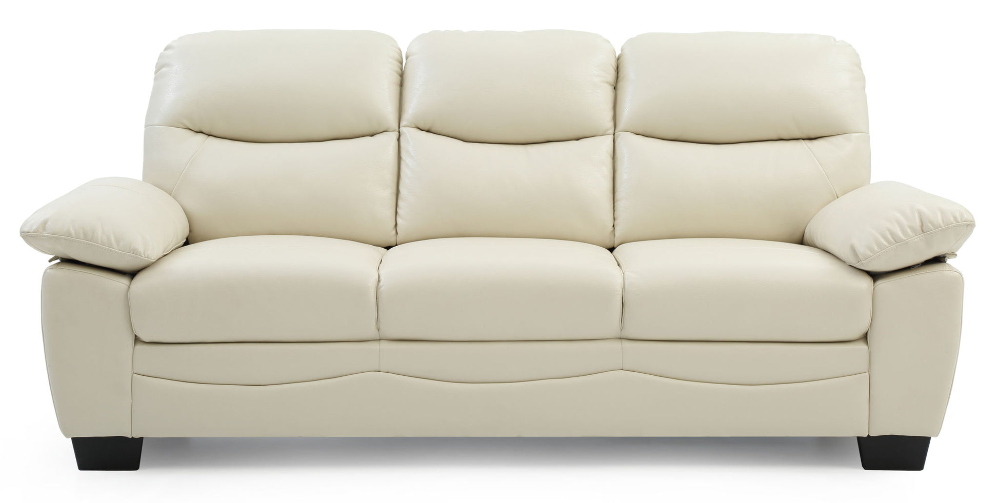 The Marta - Sofa is a beige three-seater with plush leather cushions, wide armrests, and short dark wooden legs, displayed on a white background.