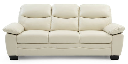 The Marta - Sofa is a beige three-seater with plush leather cushions, wide armrests, and short dark wooden legs, displayed on a white background.