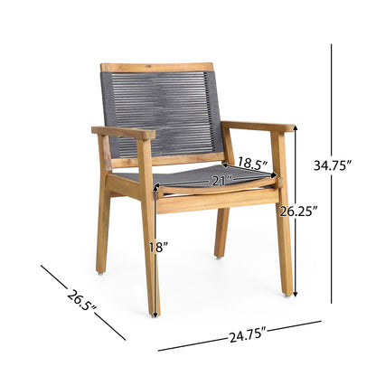 Set of 2 Outdoor Dining Chairs in dark gray with rope seat and backrest. Each chair: 34.75"H x 26.5"D x 24.75"W, seat height 18", seat depth 18.5", seat width 21", arm height 26.25".