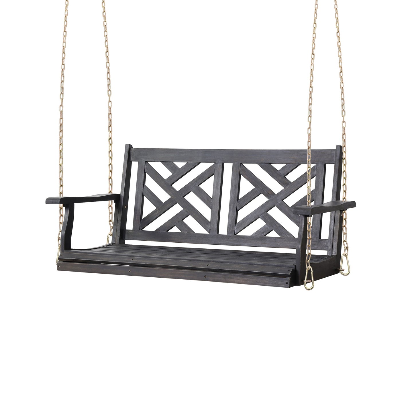The Alejandro Acacia Wood Porch Swing features slat panel seating, armrests, and hangs from two gold-colored chains. The swing is shown isolated on a white background.
