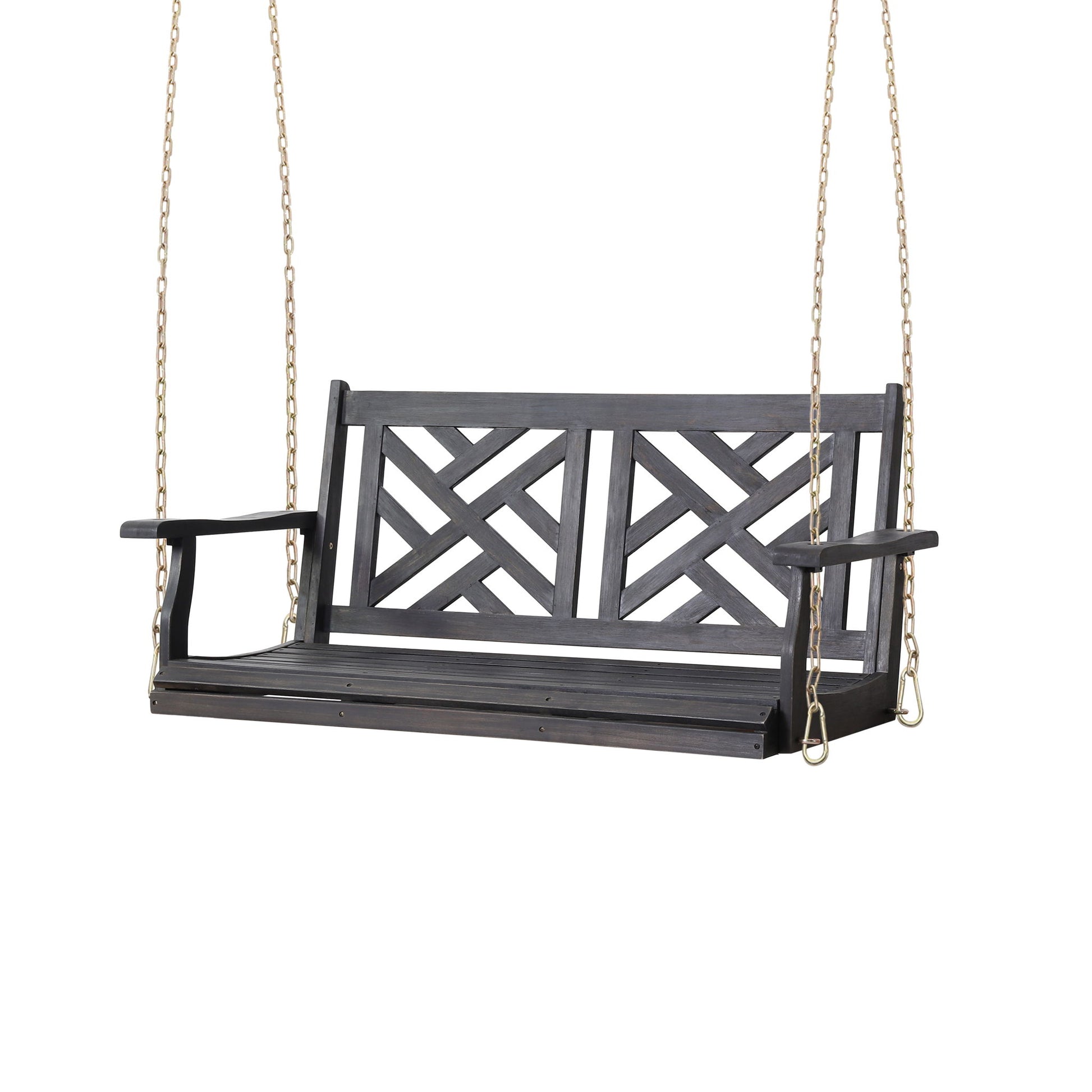 The Alejandro Acacia Wood Porch Swing features slat panel seating, armrests, and hangs from two gold-colored chains. The swing is shown isolated on a white background.