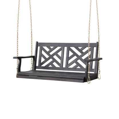 The Alejandro Acacia Wood Porch Swing features slat panel seating, armrests, and hangs from two gold-colored chains. The swing is shown isolated on a white background.