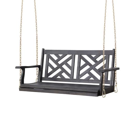 The Alejandro Acacia Wood Porch Swing features slat panel seating, armrests, and hangs from two gold-colored chains. The swing is shown isolated on a white background.