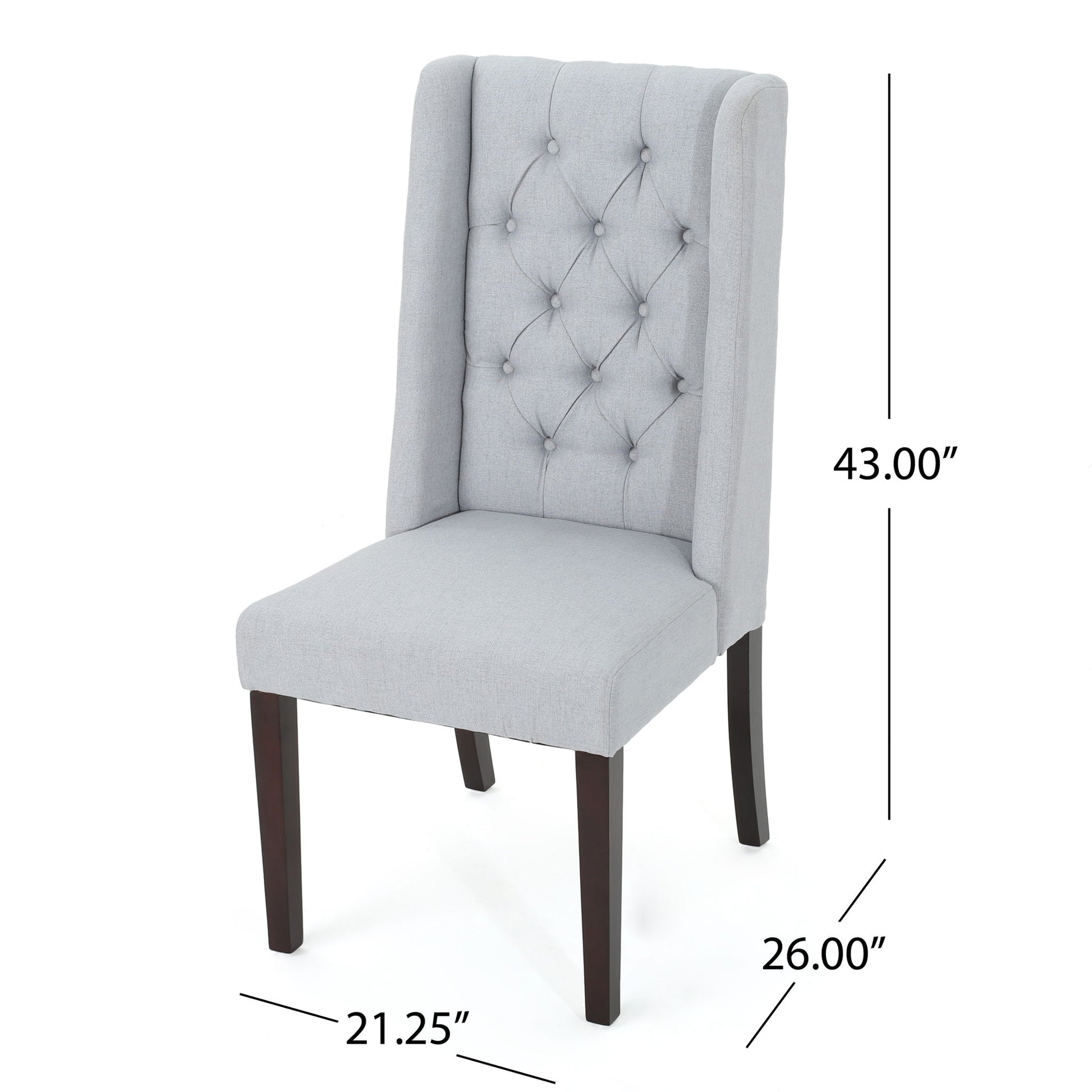 The Sophisticated Tufted Dining Chair With High Back Design features light gray upholstery, button-tufted backrest, winged sides, dark wood legs, and measures 43" high, 26" seat height, and 21.25" wide.