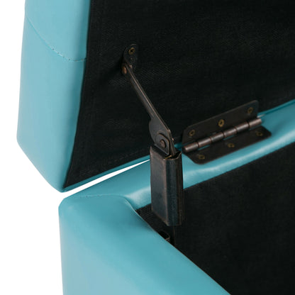 Close-up of the Cosmopolitan - Upholstered Storage Ottoman in turquoise, featuring a padded lid with hydraulic hinge mechanism and a black fabric-lined interior.