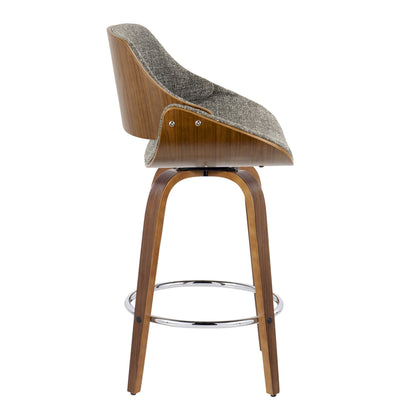 The Fabrizzi Mid Century Modern Fixed Height Counter Stool features a curved wooden back, gray upholstered seat, four wooden legs, and a round chrome footrest. Shown here in side view.
