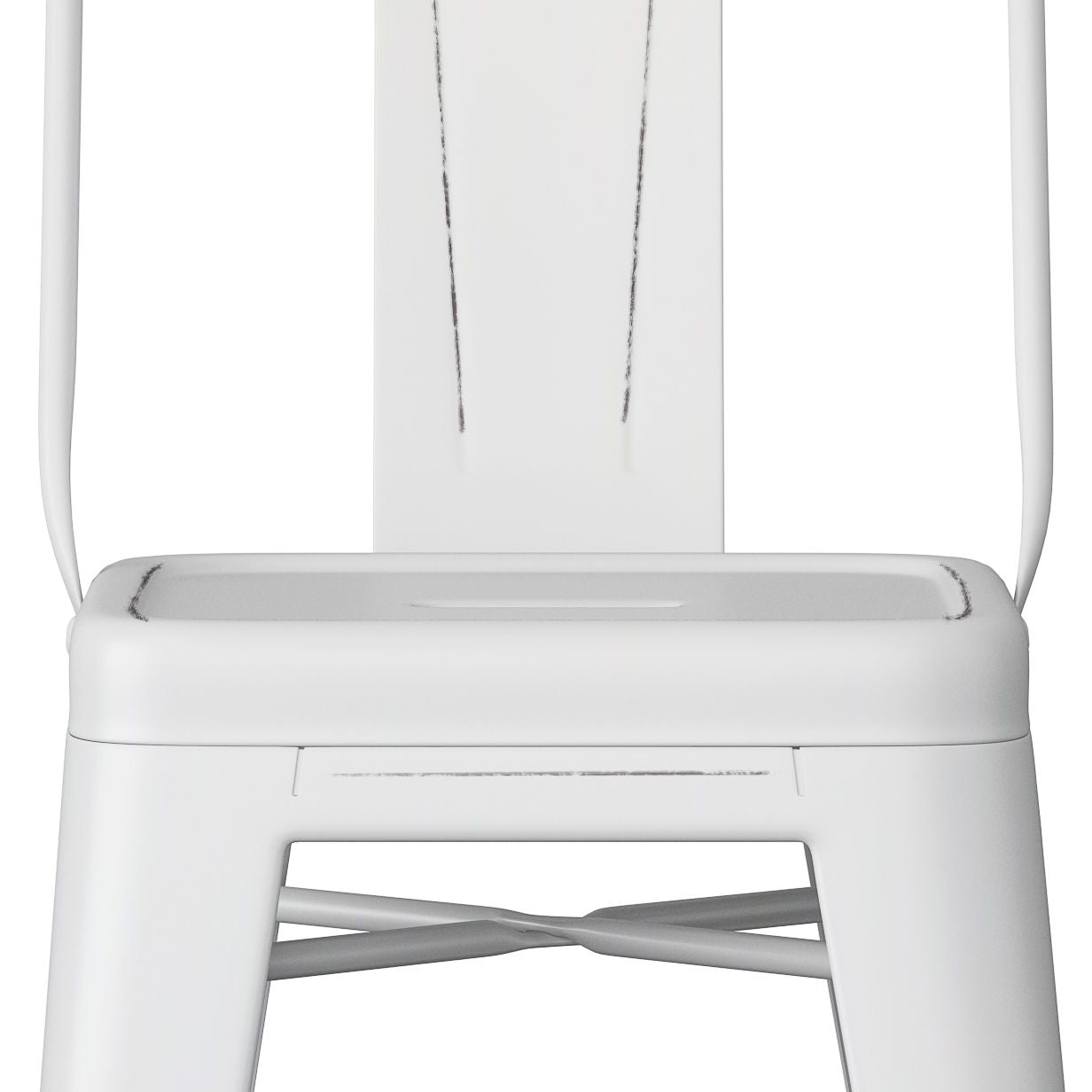Close-up of the Rayne - Curved Back Metal Stool (Set of 2), featuring a modern white metal frame, rectangular seat, straight backrest, thin black distress marks for a vintage look, sturdy industrial design, and crossbars under the seat.