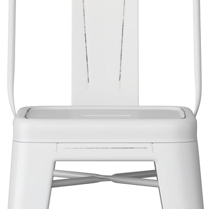Close-up of the Rayne - Curved Back Metal Stool (Set of 2), featuring a modern white metal frame, rectangular seat, straight backrest, thin black distress marks for a vintage look, sturdy industrial design, and crossbars under the seat.