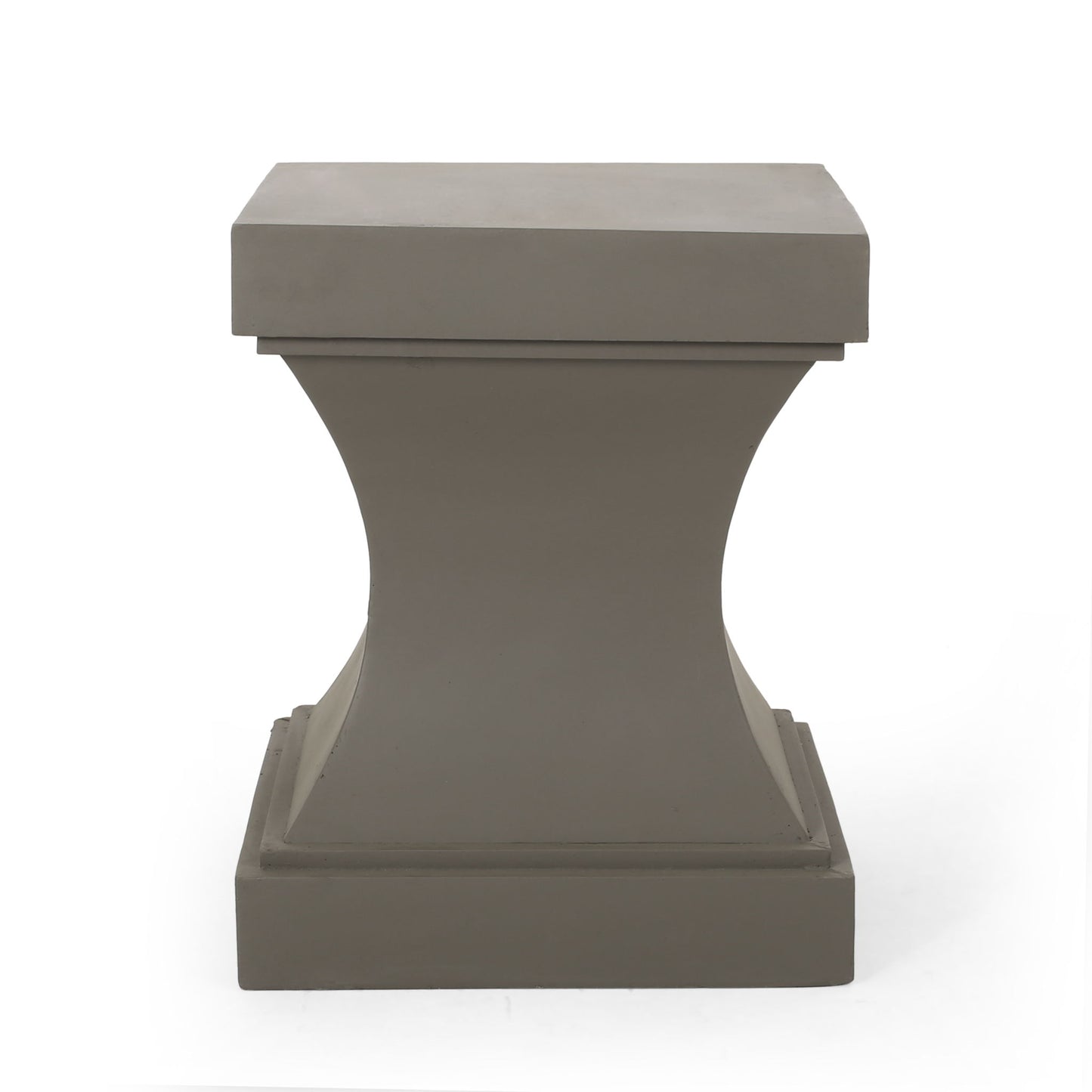 The Athena - Modern Side Table features a gray pedestal with a square top and base, an hourglass-shaped concave middle, and a smooth, modern finish. It is showcased against a plain white background.