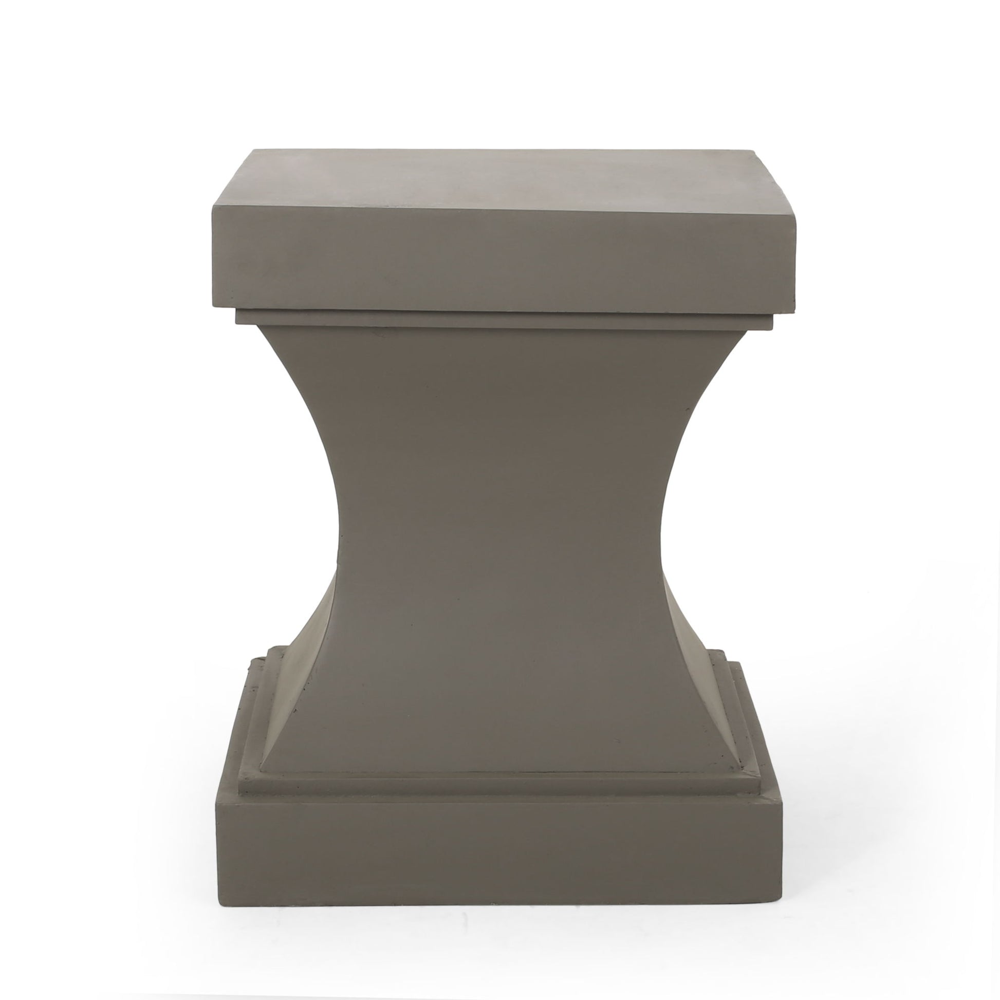 The Athena - Modern Side Table features a gray pedestal with a square top and base, an hourglass-shaped concave middle, and a smooth, modern finish. It is showcased against a plain white background.