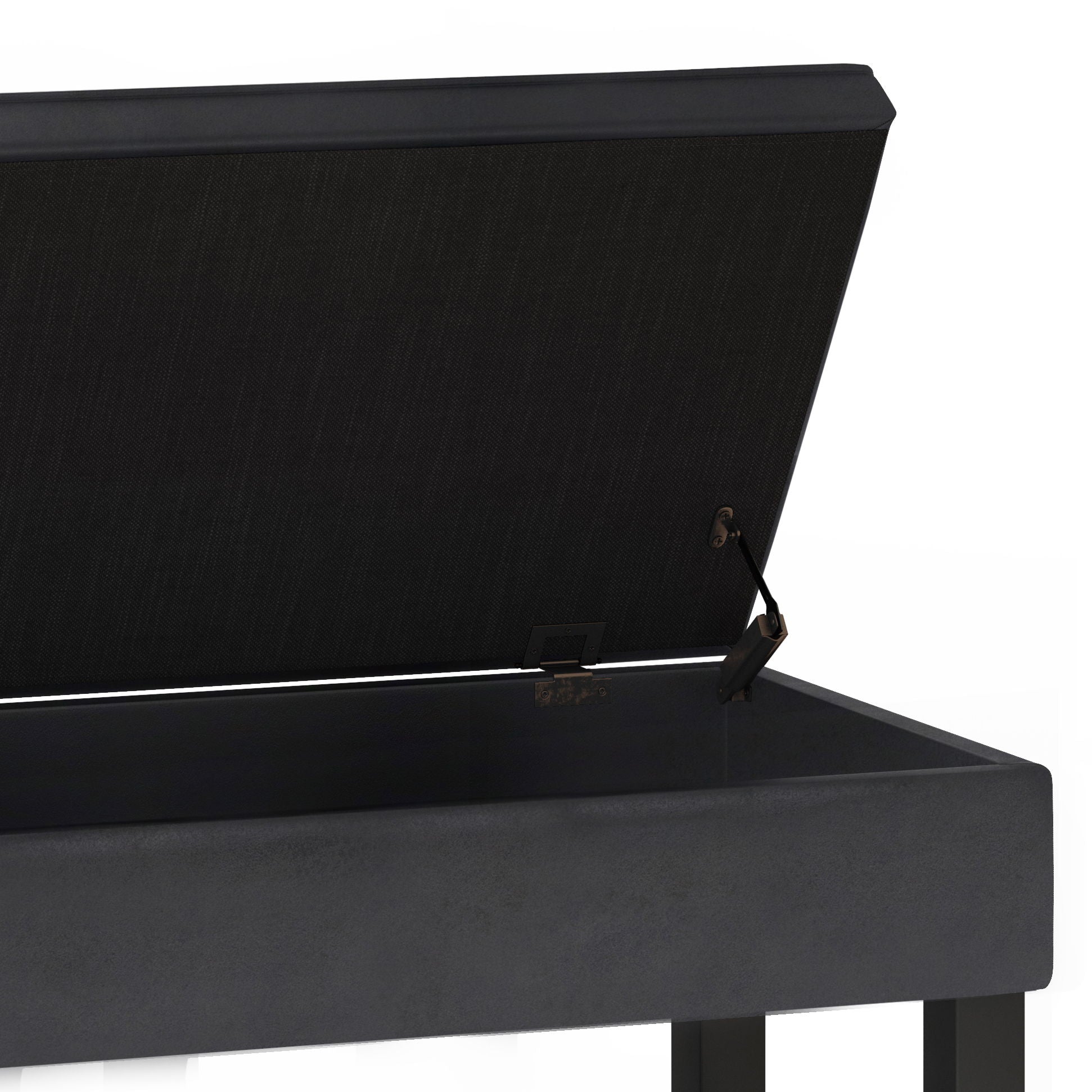 The Cosmopolitan Storage Ottoman Bench With Open Bottom is shown in black with its lid open, revealing the empty interior compartment and hinge mechanism against a white background.
