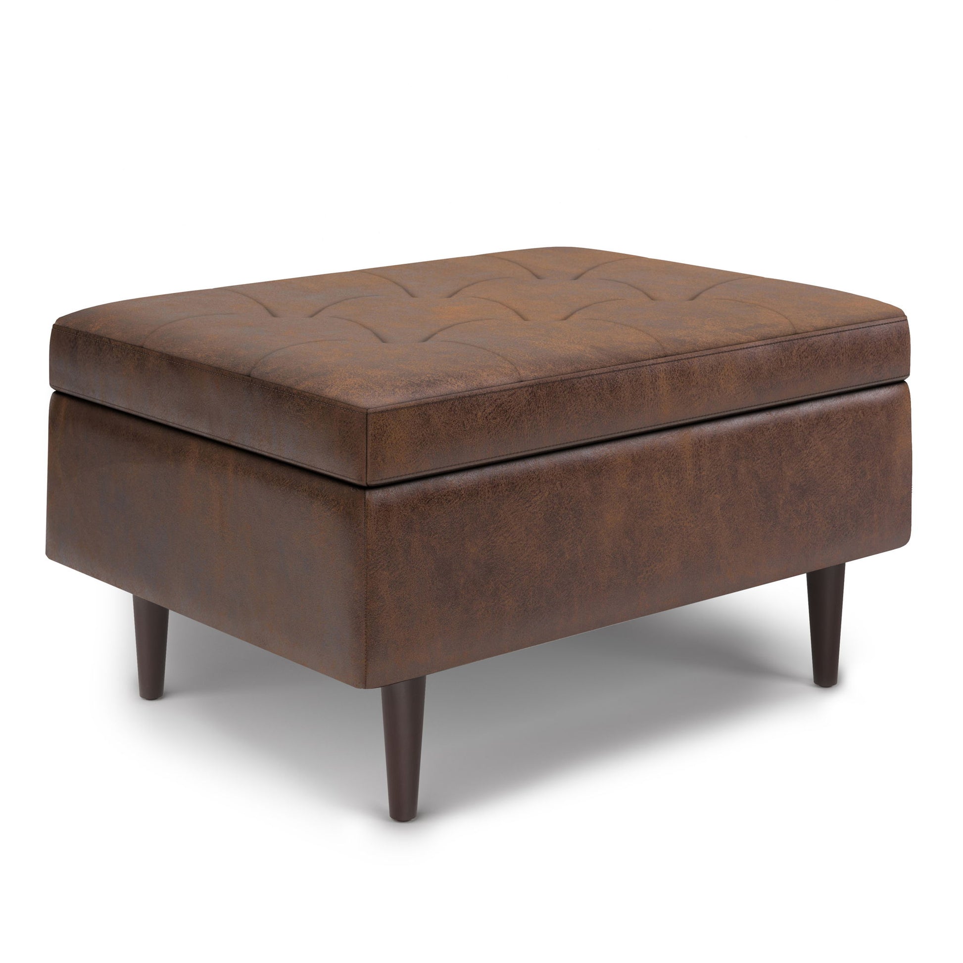 The Shay Large Square Coffee Table Storage Ottoman, mid-century style, features brown leather upholstery, a tufted top, and dark wooden legs. It is photographed against a plain white background.