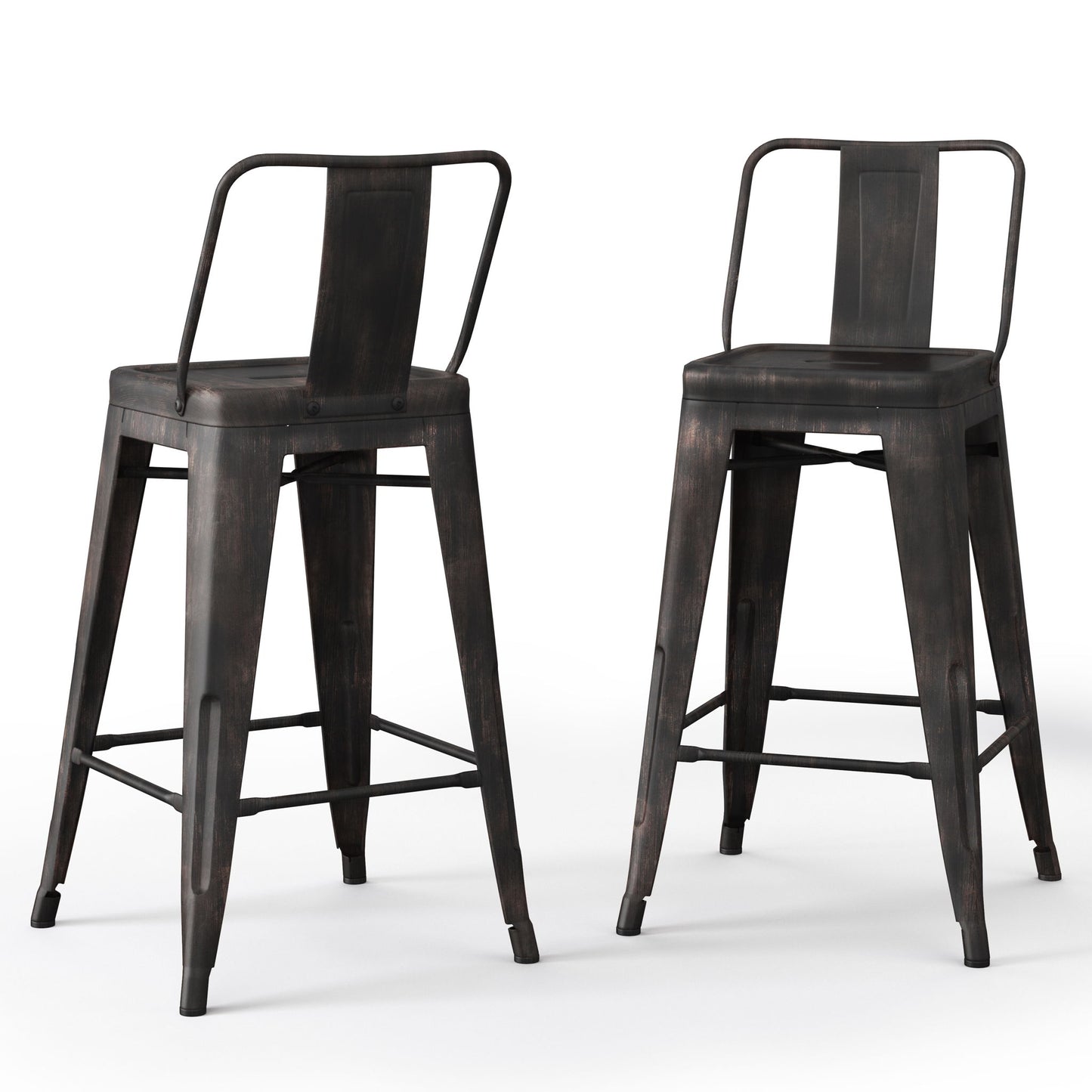 Set of 2 Rayne Curved Back Metal Stools in black, featuring an industrial style with backs, footrests, a matte finish, and a slightly distressed look. Shown against a white background.