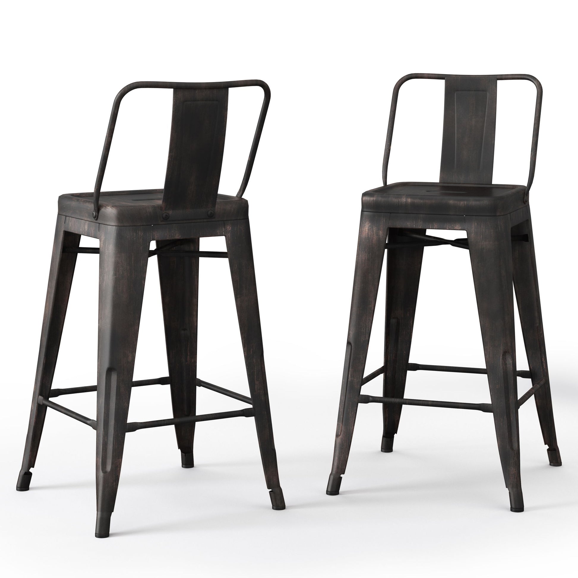 Set of 2 Rayne Curved Back Metal Stools in black, featuring an industrial style with backs, footrests, a matte finish, and a slightly distressed look. Shown against a white background.
