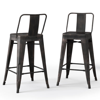 Set of 2 Rayne Curved Back Metal Stools in black, featuring an industrial style with backs, footrests, a matte finish, and a slightly distressed look. Shown against a white background.