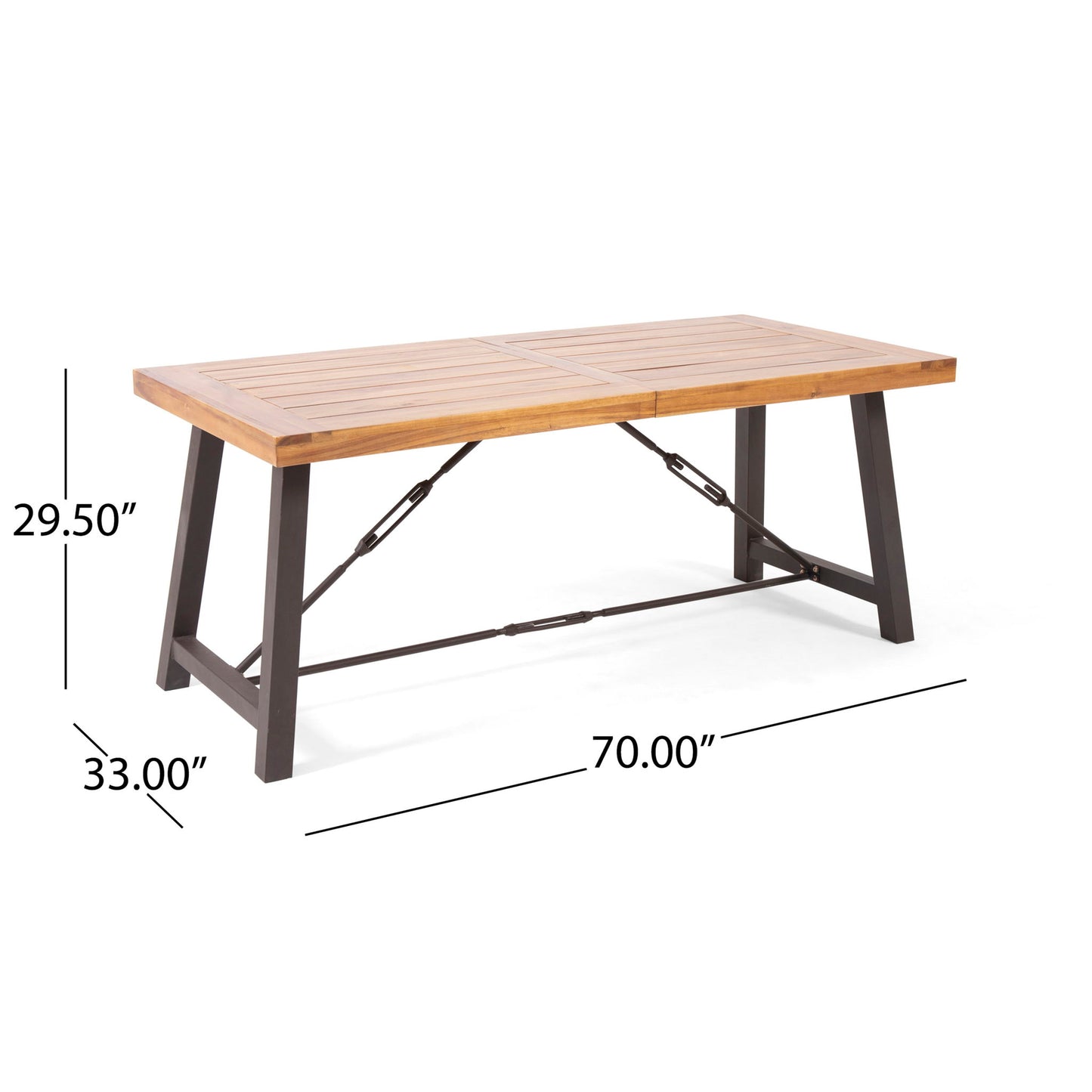 The Outdoor Dining Table With Slat Wooden Panel And Turnbuckle Accents - Teak features a slatted rectangular wooden top, black metal legs, and crossbars. Dimensions: 70"L x 33"W x 29.5"H.