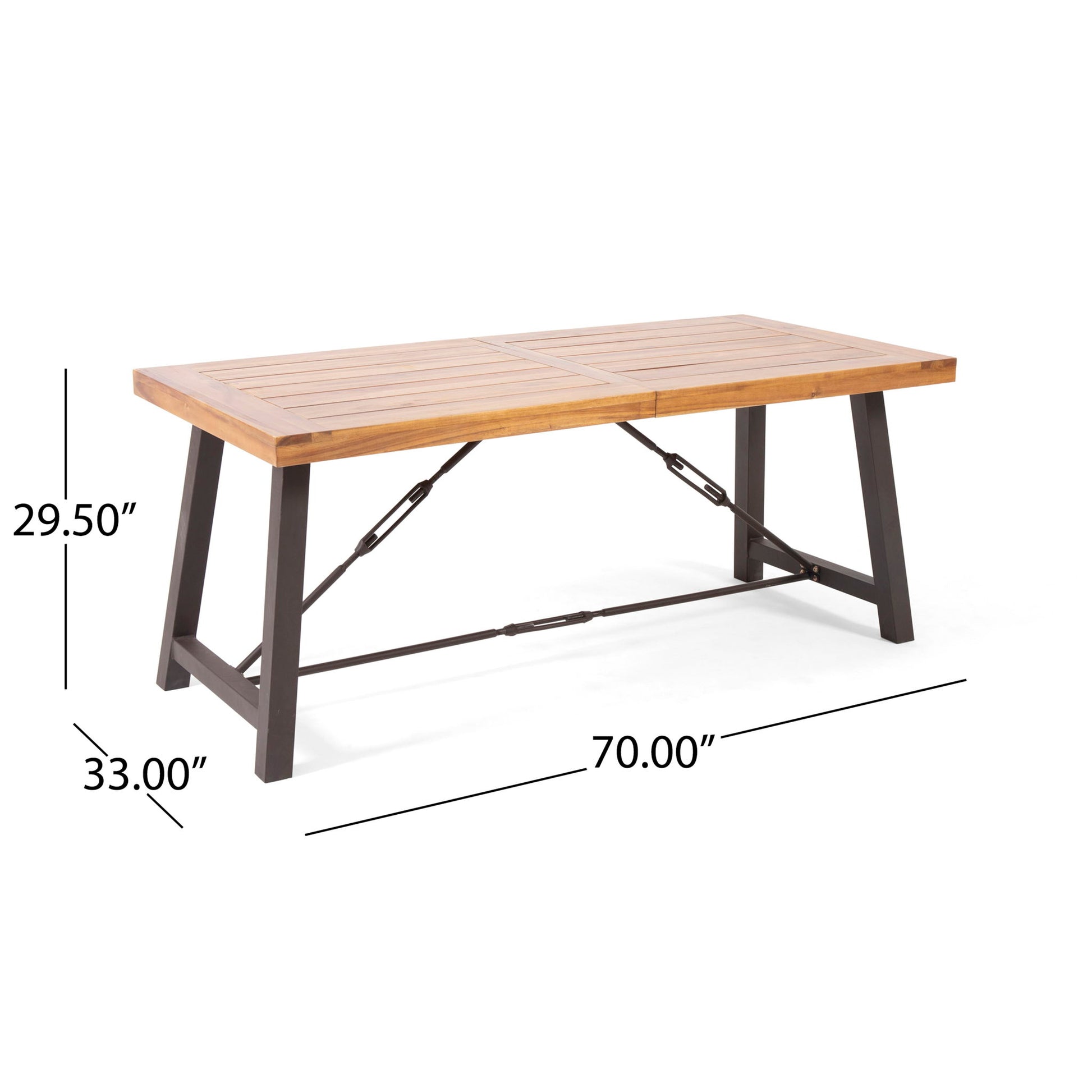 The Outdoor Dining Table With Slat Wooden Panel And Turnbuckle Accents - Teak features a slatted rectangular wooden top, black metal legs, and crossbars. Dimensions: 70"L x 33"W x 29.5"H.