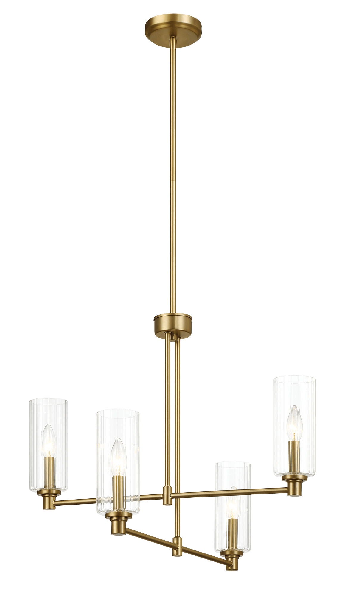 The Enigma chandelier boasts a modern design with an antique brass and gold finish. It features a central rod extending to four horizontal arms, each adorned with a vertical clear ribbed satin glass shade containing a light bulb, elegantly suspended from the ceiling.