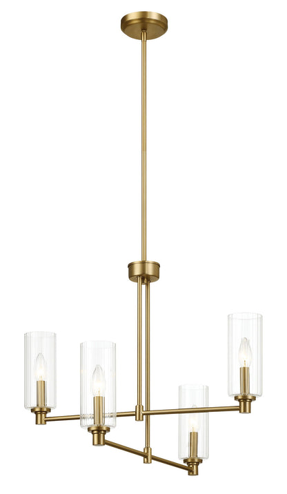 The Enigma chandelier boasts a modern design with an antique brass and gold finish. It features a central rod extending to four horizontal arms, each adorned with a vertical clear ribbed satin glass shade containing a light bulb, elegantly suspended from the ceiling.
