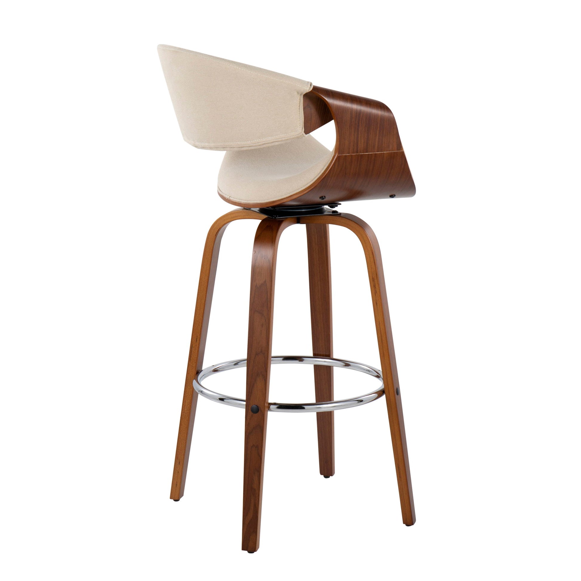 The Curvini Mid-Century Modern Fixed Height Barstool (Set of 2) features a curved wooden frame, beige upholstered back and seat, four wooden legs, and a round metal footrest with swivel functionality.