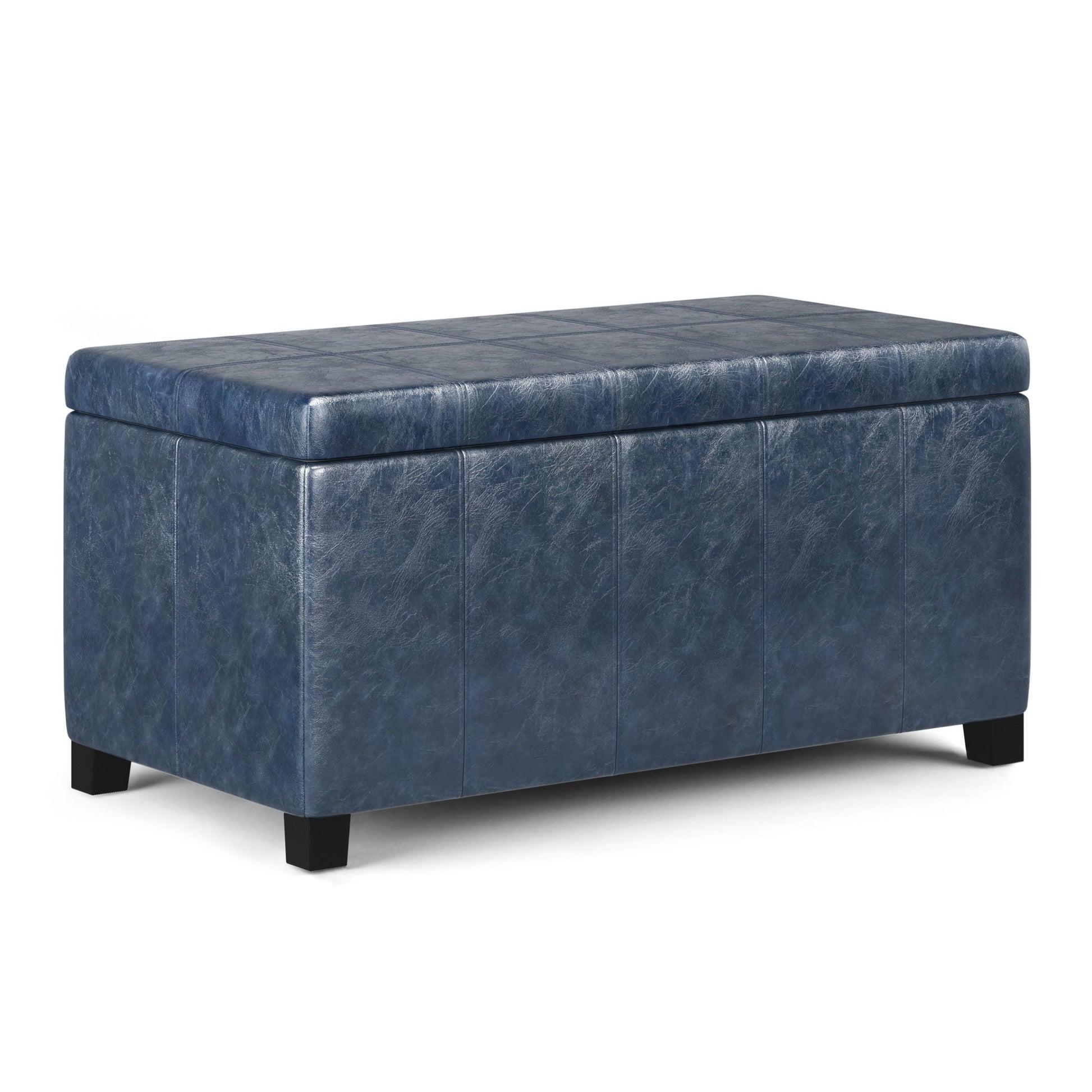 The Dover Upholstered Storage Ottoman Bench is a rectangular blue leather ottoman with a cushioned top and short black legs, shown on a white background.