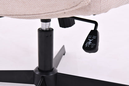 Close-up of the adjustment lever under the Cross Legged Office Chair, showing symbols for height adjustment and lock. The metal base and upholstered beige seat of this wide, armless swivel desk chair are visible.