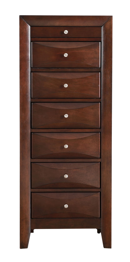 The Marilla 7 Drawer Lingerie Chest is a tall, dark wood dresser with seven drawers, each adorned with a round silver knob. It features a polished finish and gently curved drawer fronts for an elegant look.