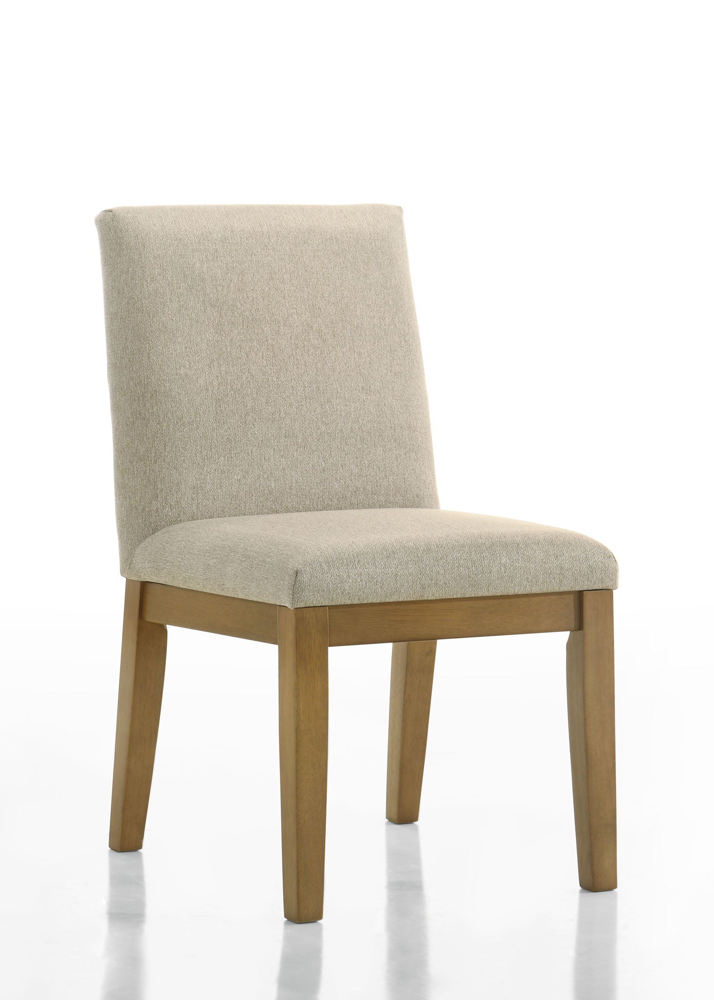 The Jasper - Contemporary Fabric 19" Dining Chair (Set of 2) features beige upholstery with a wooden frame and legs, shown against a plain white background.