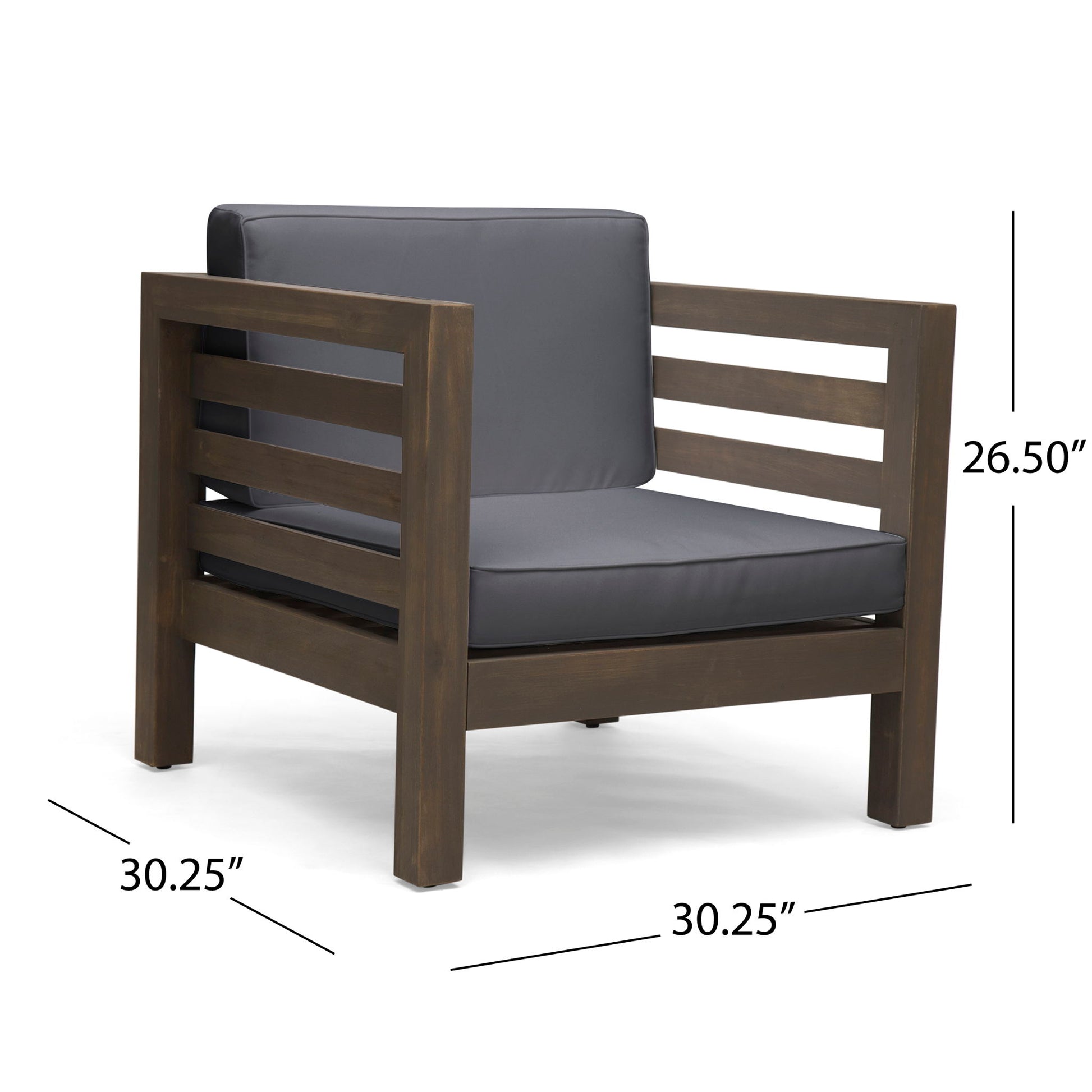 The Outdoor Acacia Wood Patio Chair With Fabric Cushion features gray cushions and a wooden slat frame, measuring 30.25"W x 30.25"D x 26.5"H—perfect for modern outdoor seating.