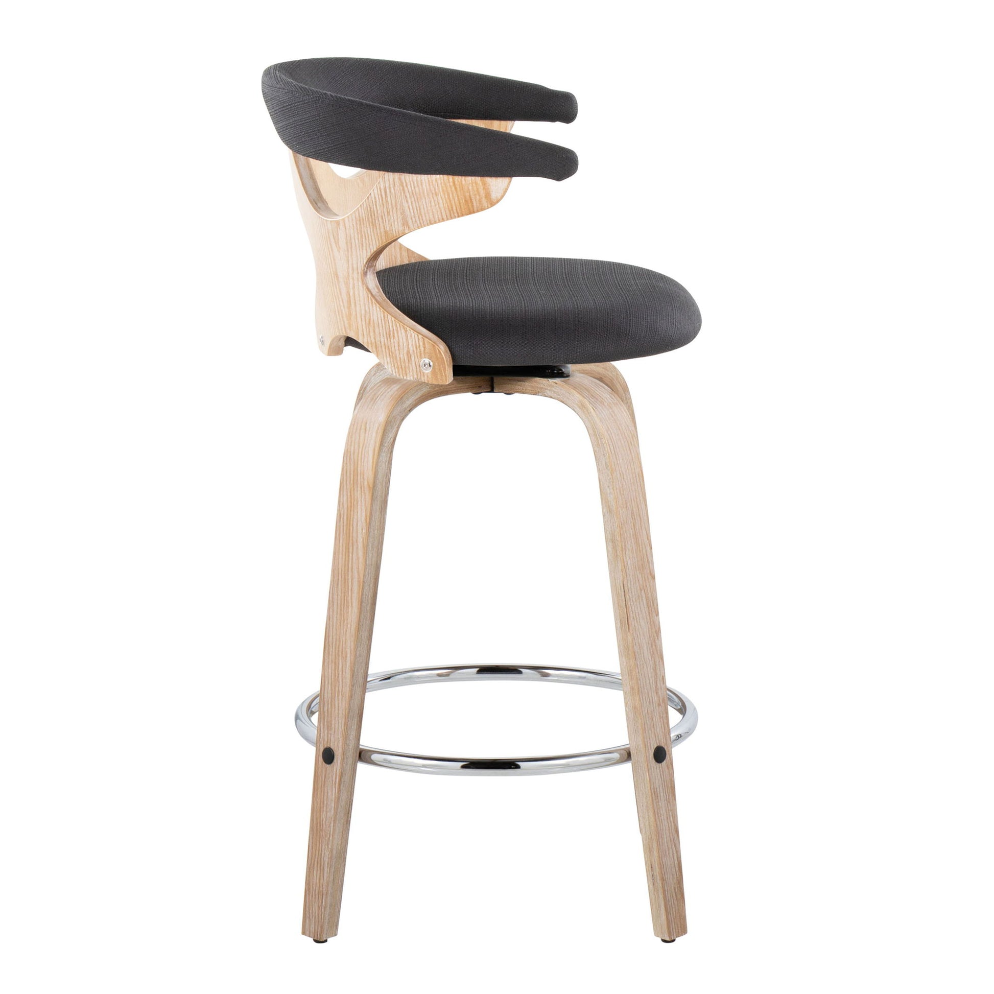 The Gardenia Mid Century Modern Fixed Height Counter Stool (Set of 2) features light wood legs, a round chrome footrest, and a black cushioned seat and curved open-back backrest with swivel functionality.