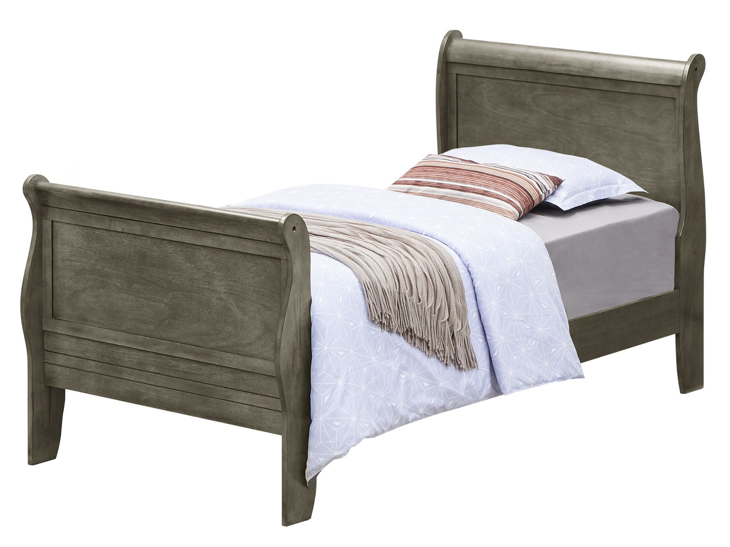 The Panel Sleigh Bed features a gray wood finish, coordinated headboard and footboard, and comes styled with a patterned white comforter, gray blanket, and striped accent pillow for a polished look.