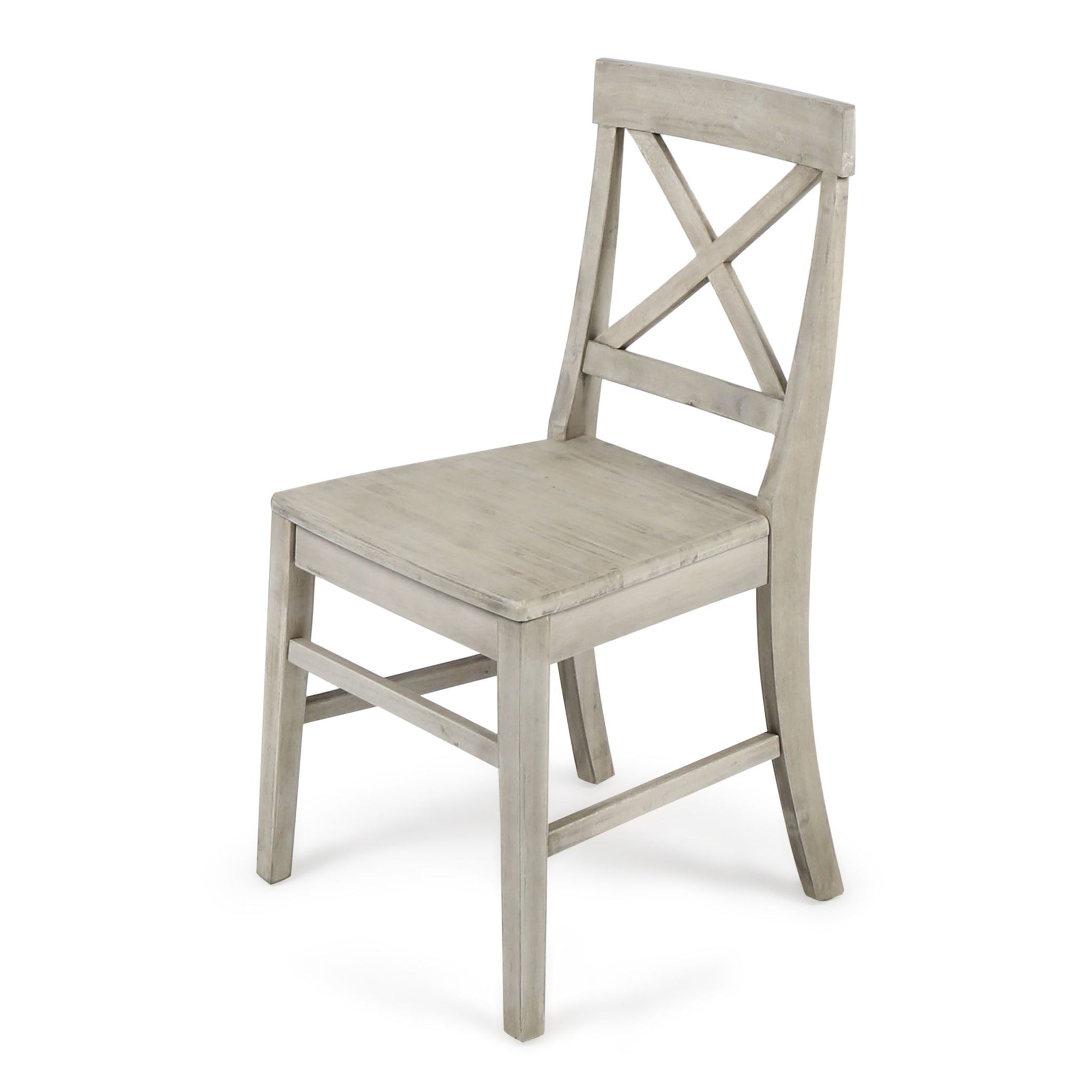 The Plethora Dining Chair With X Shaped Back (Set of 2) features a light gray wooden frame, a distinctive “X” design on the angled backrest, straight legs, and a simple rustic look.