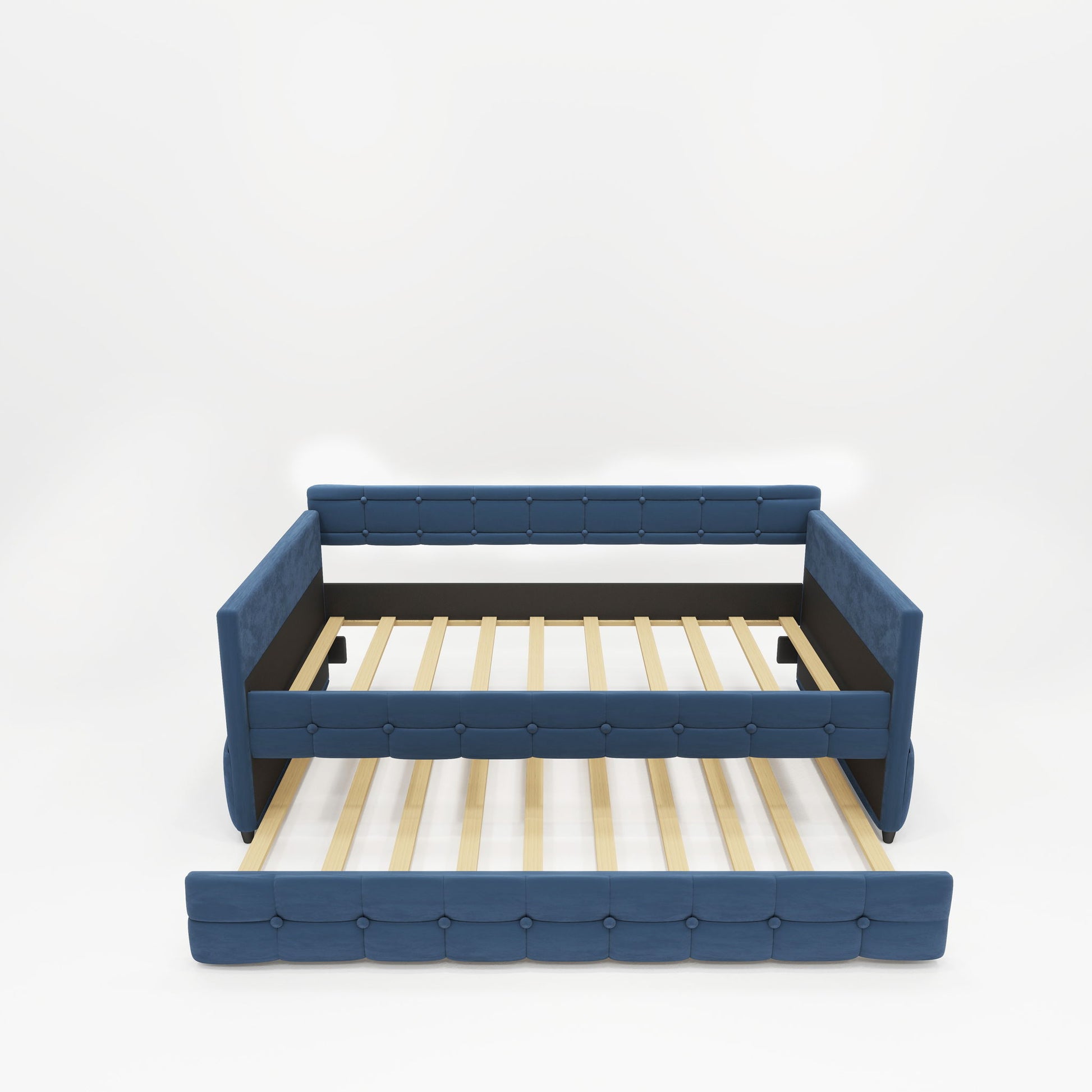 The Upholstered Twin Size Daybed Bed Frame (Corner Bed) features blue velvet fabric, studding design, back and side panels, wooden slats for support, and a pull-out trundle. Shown against a plain white background without mattress or bedding.