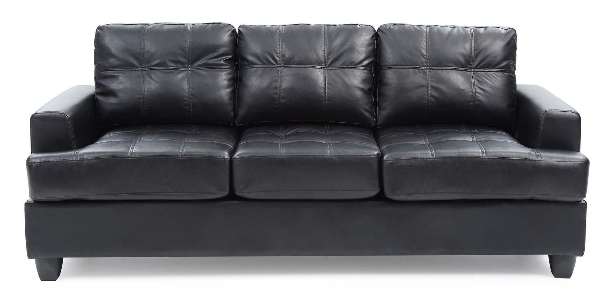 The Sandridge - Sofa is a black leather three-seater featuring square cushions, tufted seat and back detailing, and straight armrests, shown against a white background.