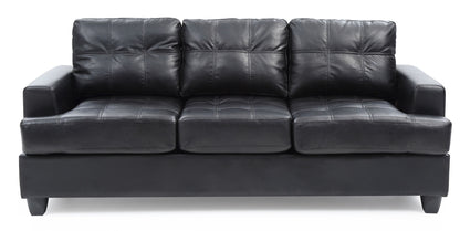 The Sandridge - Sofa is a black leather three-seater featuring square cushions, tufted seat and back detailing, and straight armrests, shown against a white background.