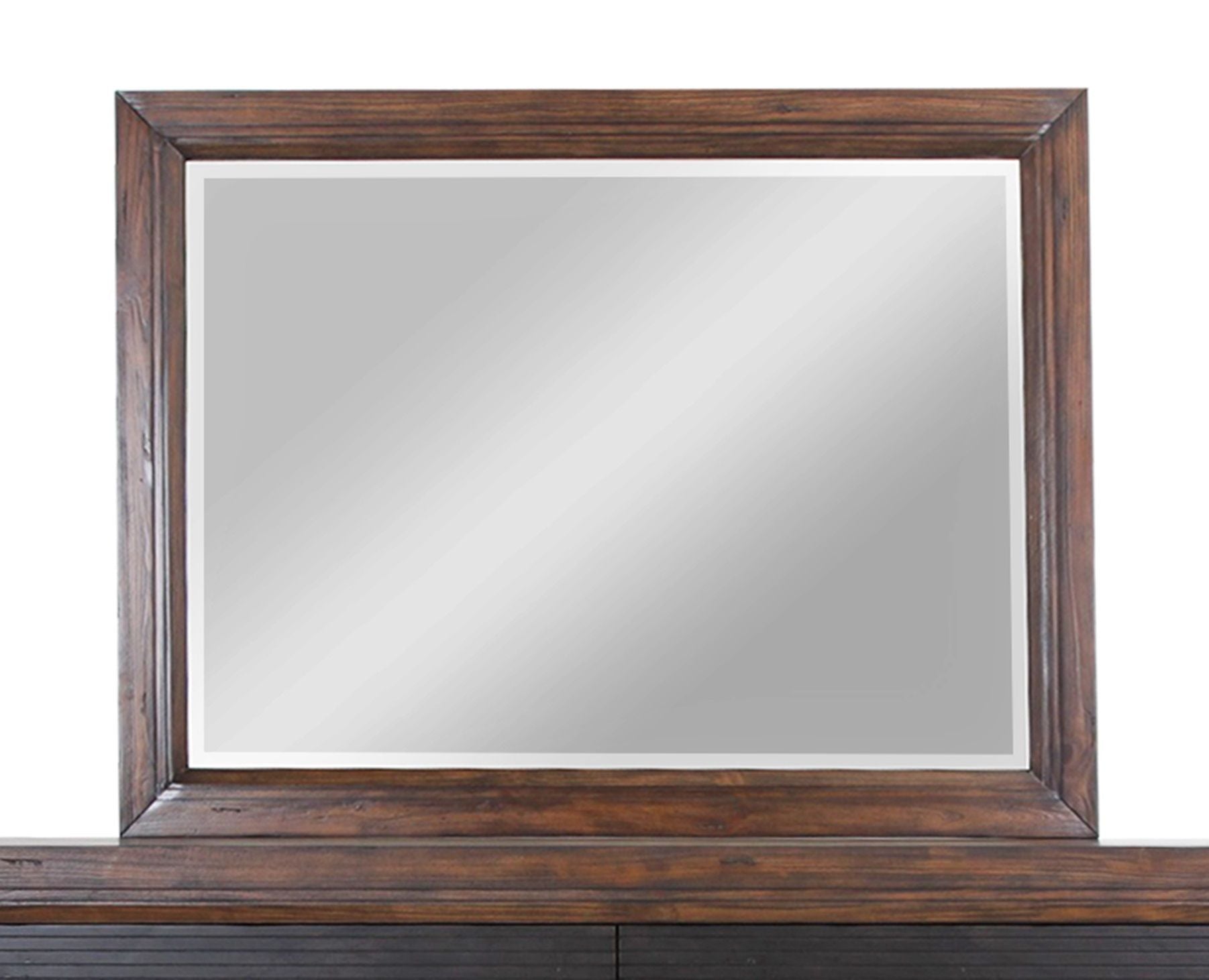 The Couch.com Branson Mirror Rustic Buckeye features a large rectangular design with a thick, gray-finished wooden frame. Positioned above a matching surface, this mirror reflects light and showcases its simple, rustic construction.