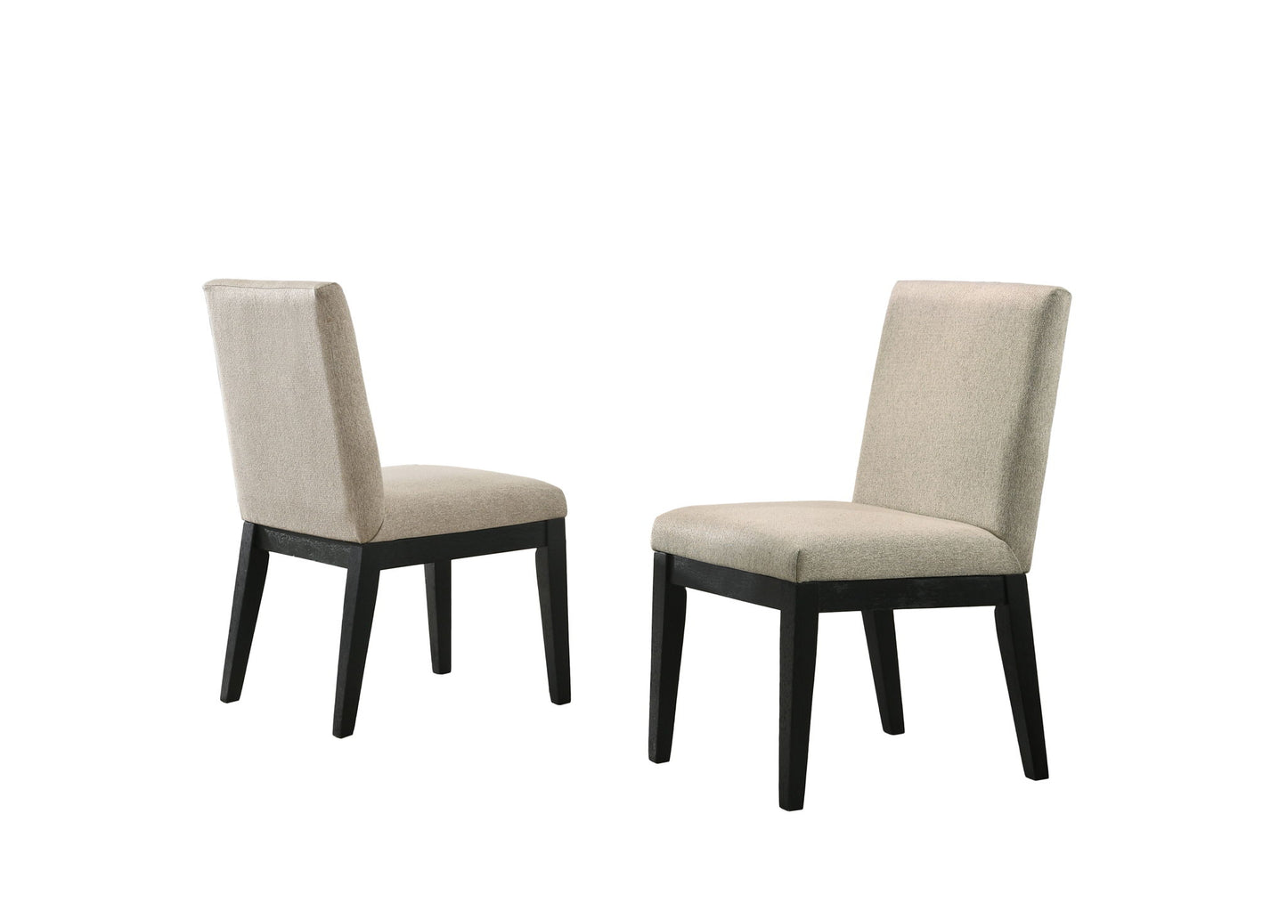 A pair of Jasper Contemporary Fabric 19" Dining Chairs, featuring beige upholstery and dark wood legs, are arranged facing each other on a white background.