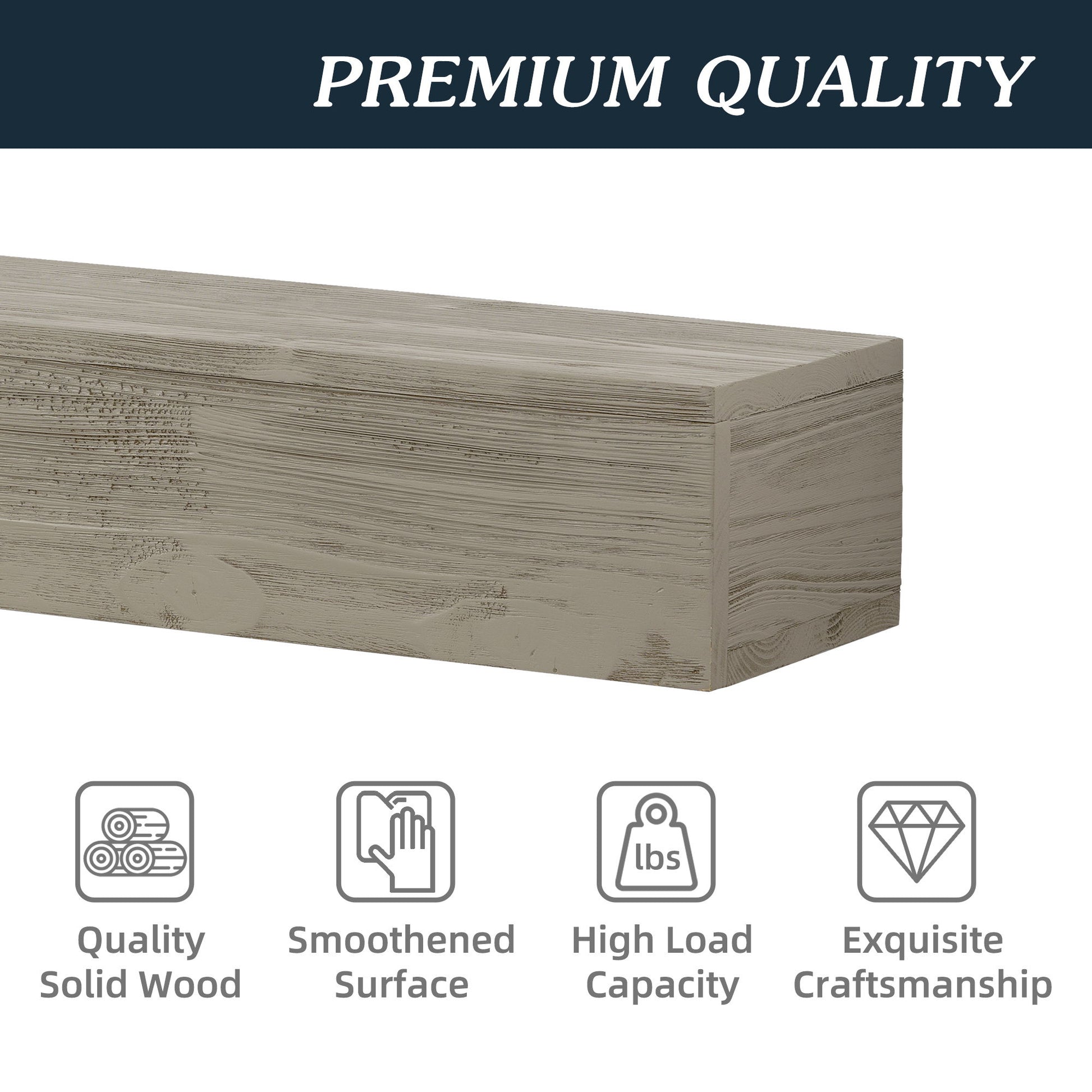A Rustic Wood Fireplace Mantel, wall-mounted and floating shelf for home decor, is shown with "PREMIUM QUALITY" above. Below, icons highlight solid wood construction, smooth finish, high load capacity, and fine craftsmanship.
