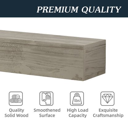 A Rustic Wood Fireplace Mantel, wall-mounted and floating shelf for home decor, is shown with "PREMIUM QUALITY" above. Below, icons highlight solid wood construction, smooth finish, high load capacity, and fine craftsmanship.