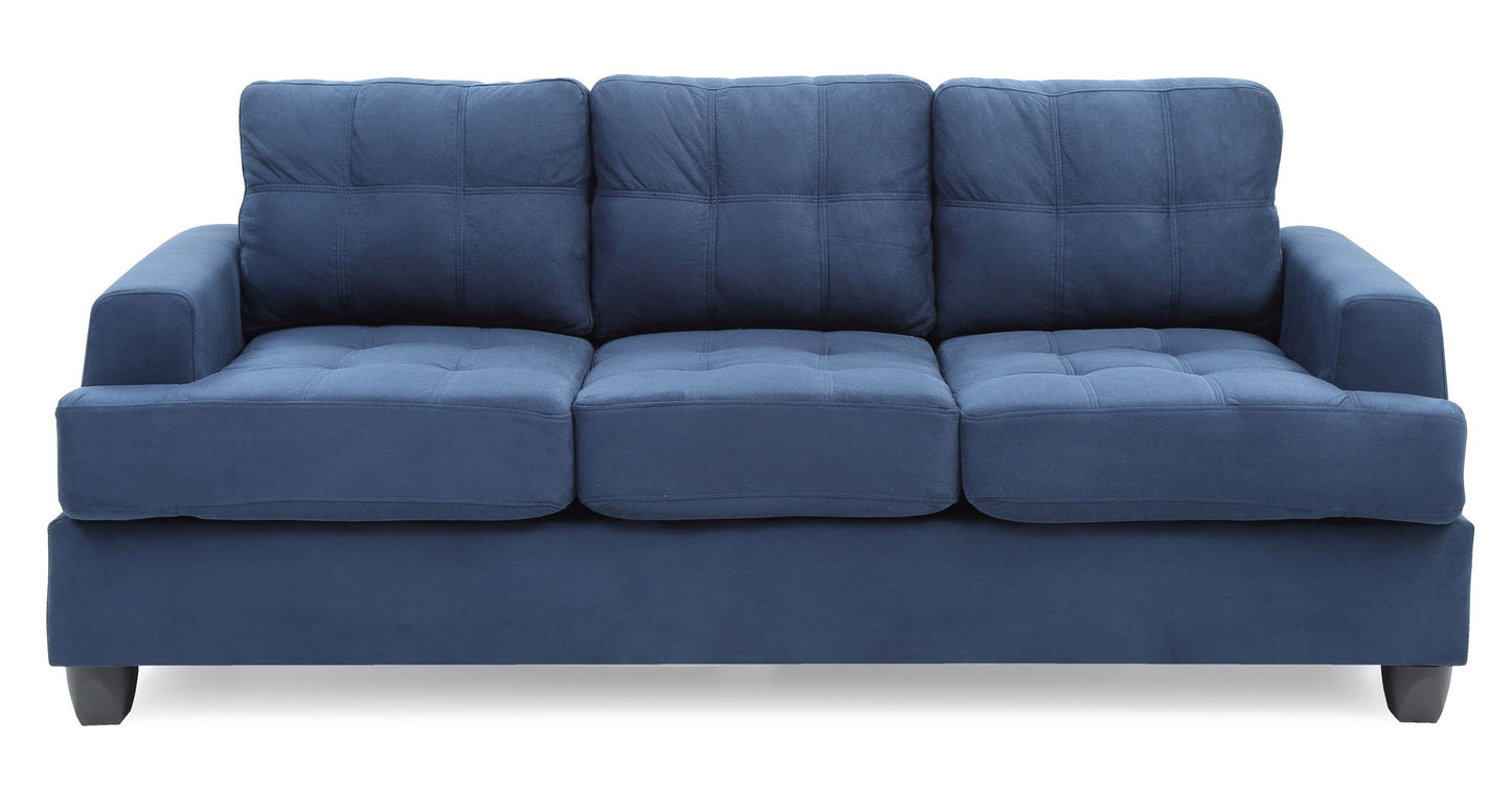 The Sandridge - Sofa is a blue three-seater with plush cushions and armrests, shown against a white background.