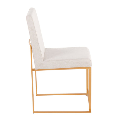 Side view of the Fuji High Back Dining Chair (Set of 2) featuring a contemporary frame, light beige upholstered seat and backrest, thin gold metal legs, and a minimalist rectangular base design.