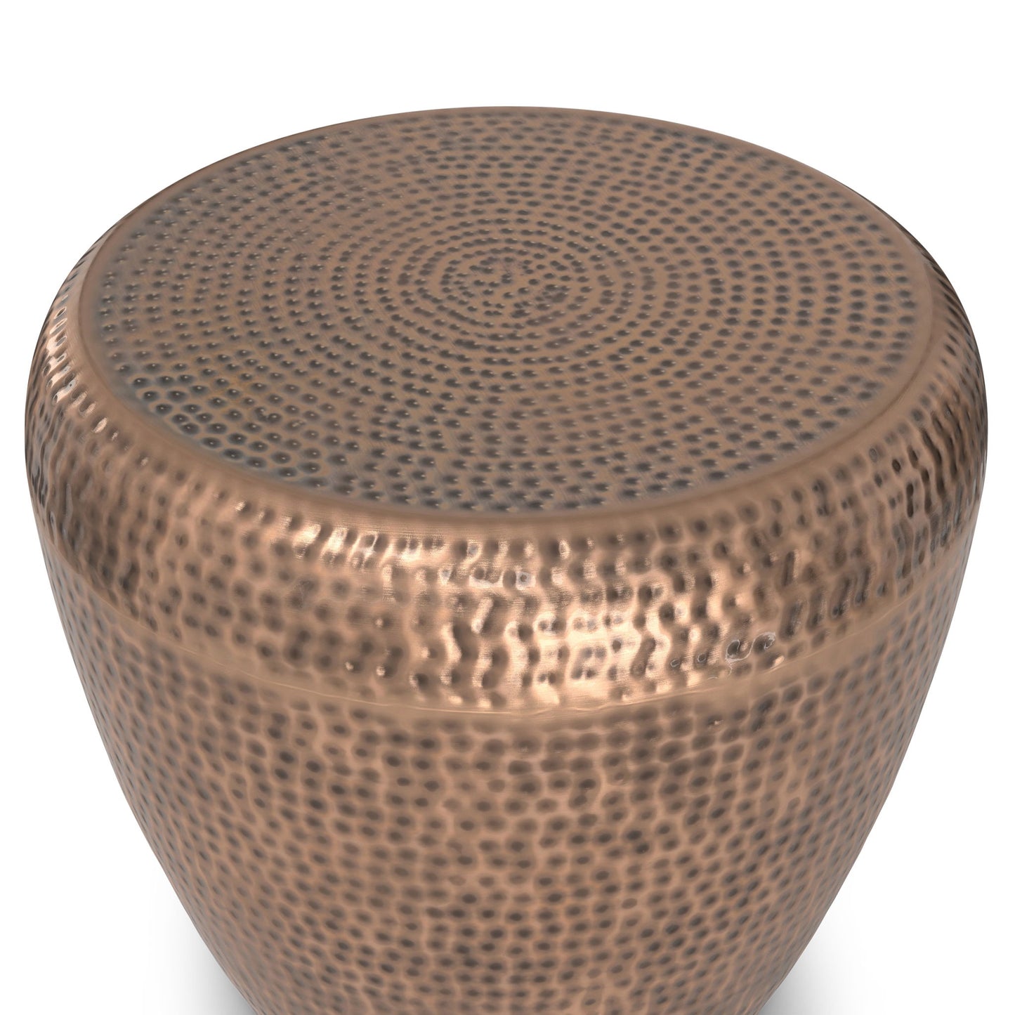 A close-up of the Preston Handcrafted Metal Side Table, showcasing its round shape, metallic hammered texture, and rich bronze finish.