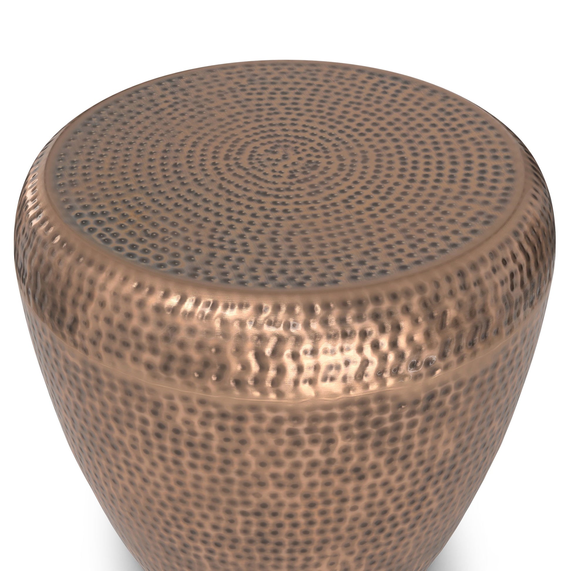 A close-up of the Preston Handcrafted Metal Side Table, showcasing its round shape, metallic hammered texture, and rich bronze finish.