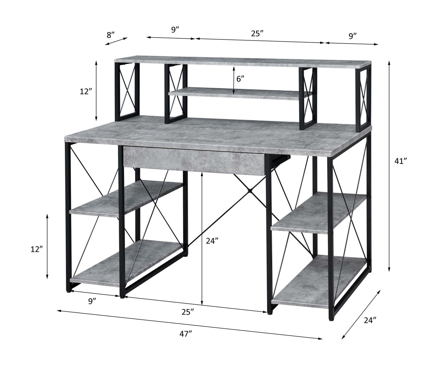 The Amiel All Purpose Writing Desk features a modern gray finish, black metal frame, multiple side shelves, and a raised shelf unit. Dimensions: 47" wide x 24" deep x 41" high with various labeled shelf sizes.