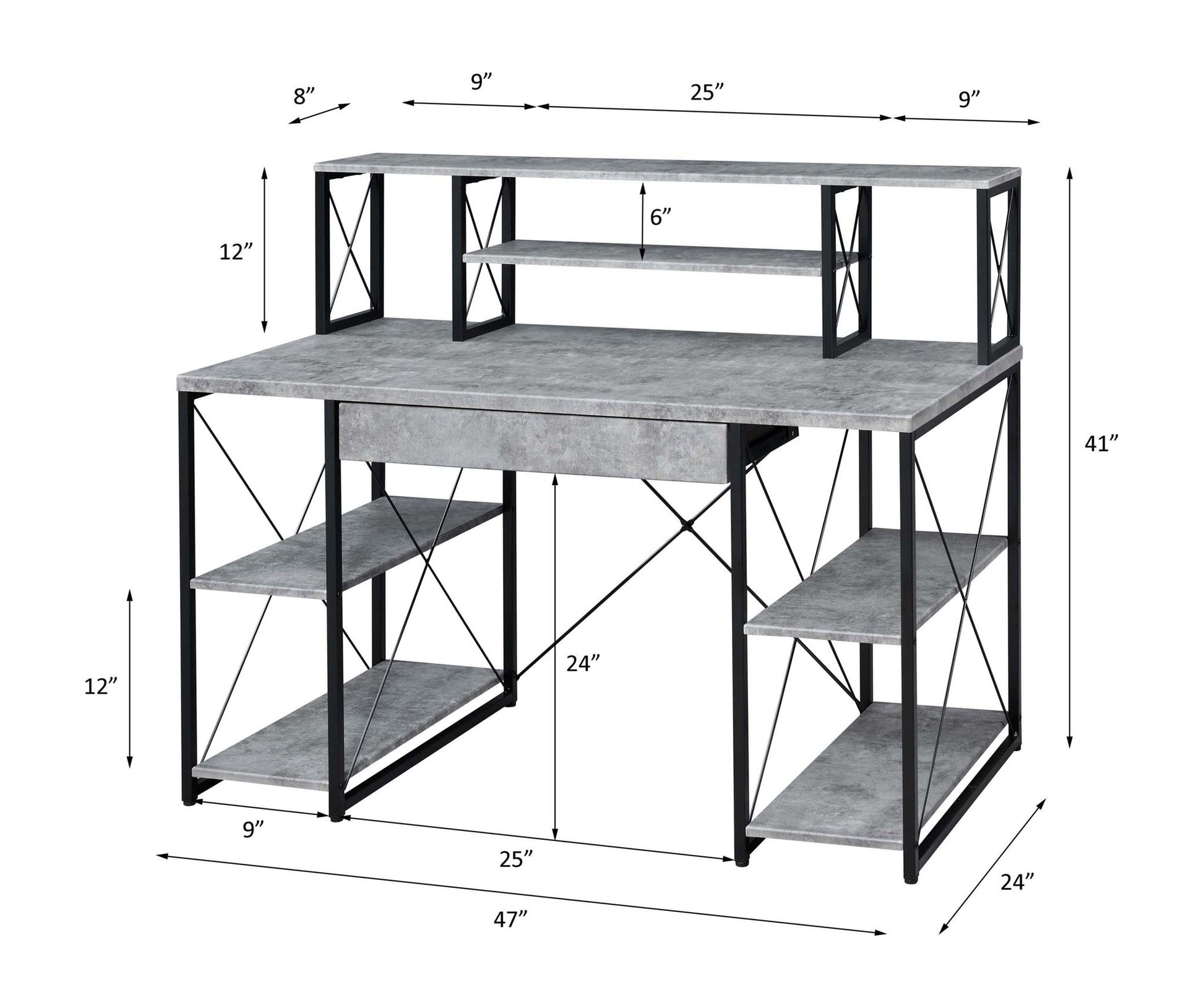 The Amiel All Purpose Writing Desk features a modern gray finish, black metal frame, multiple side shelves, and a raised shelf unit. Dimensions: 47" wide x 24" deep x 41" high with various labeled shelf sizes.