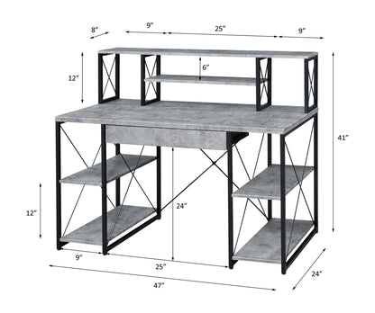 The Amiel All Purpose Writing Desk features a modern gray finish, black metal frame, multiple side shelves, and a raised shelf unit. Dimensions: 47" wide x 24" deep x 41" high with various labeled shelf sizes.