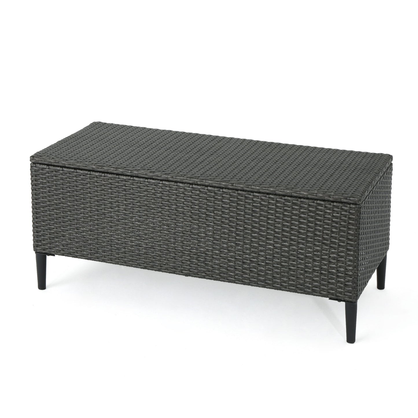The Rupert Storage Unit is a rectangular outdoor bench with a dark resin wicker finish and four black legs, shown on a white background.