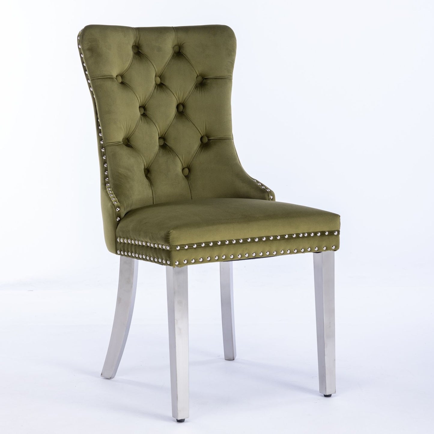 The Nikki dining chair set features a modern tufted olive green velvet design, solid wood frame, chrome stainless steel legs, and silver nailhead trim, shown against a plain white backdrop. Set of 2.