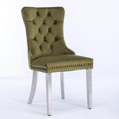The Nikki dining chair set features a modern tufted olive green velvet design, solid wood frame, chrome stainless steel legs, and silver nailhead trim, shown against a plain white backdrop. Set of 2.